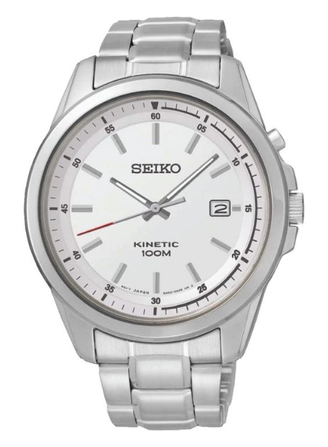 Seiko Kinetic Herenhorloge.
Datumweergave op de wijzerplaat. 10 ATM waterdicht.